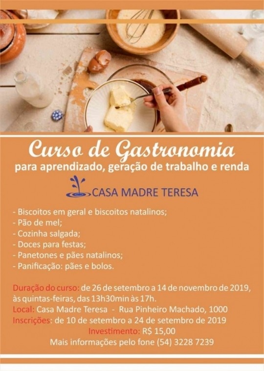 Curso de Gastronomia para Geração de Renda da Casa Madre Teresa está com inscrições abertas até dia 24