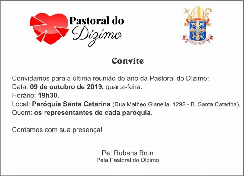 Pastoral do Dízimo realiza última reunião deste ano no próximo dia 09